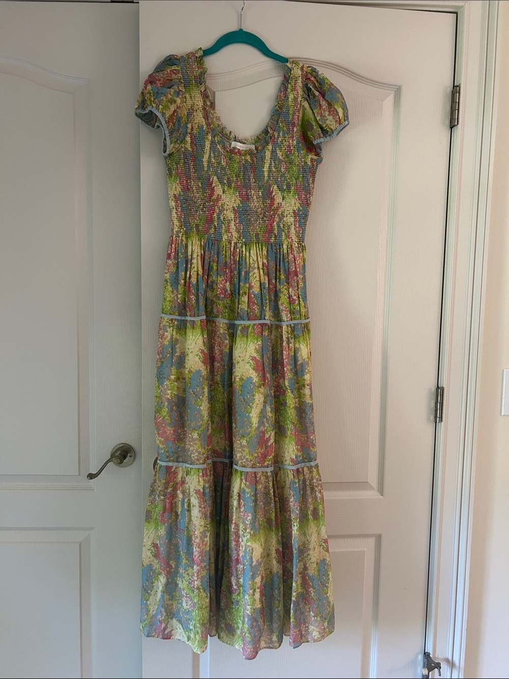 LoveShackFancy Pastel Floral Maxi Dress in Green, Blue & Pink